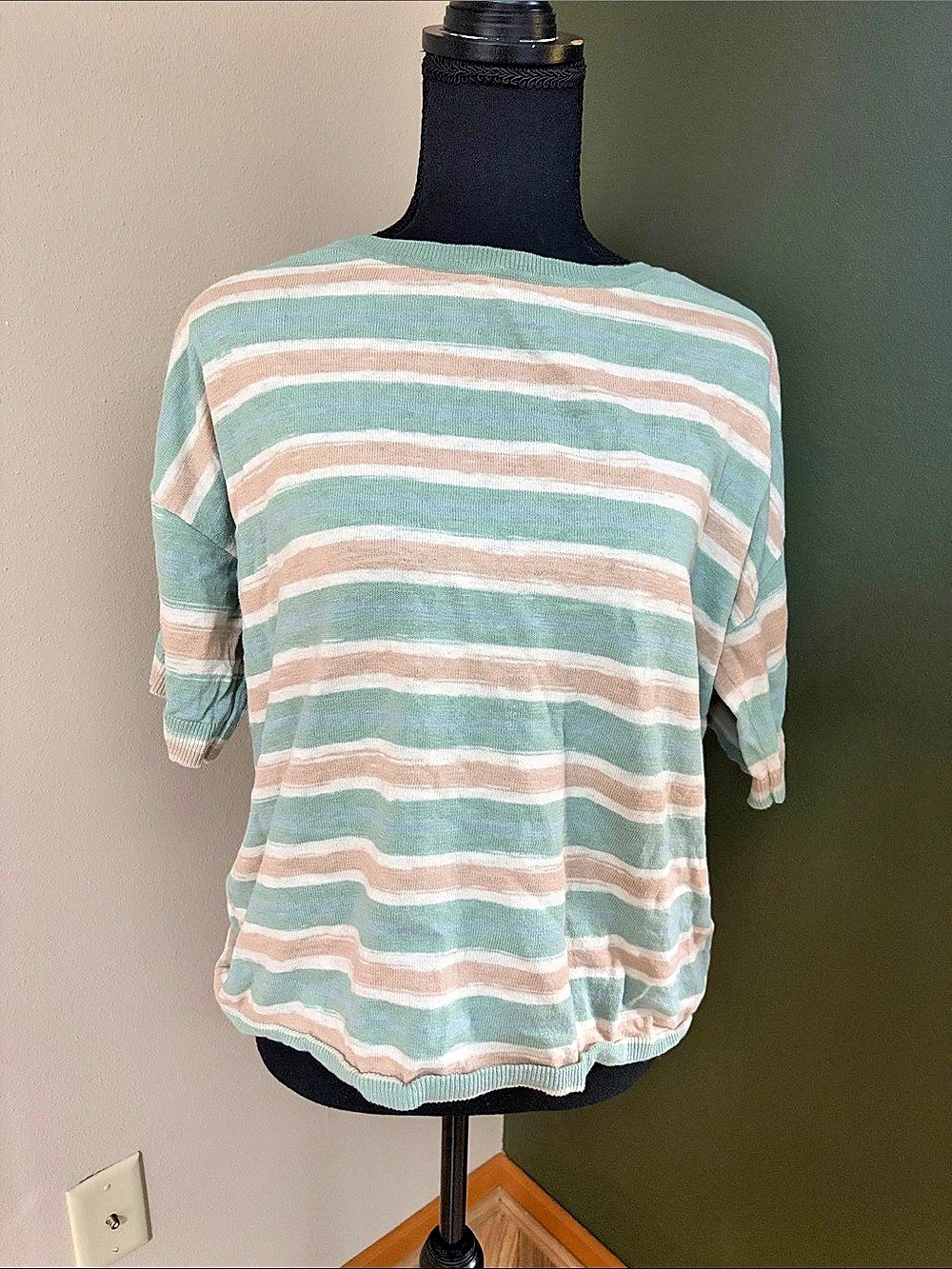 FatFace Striped Short Sleeve Top in Green & Pink